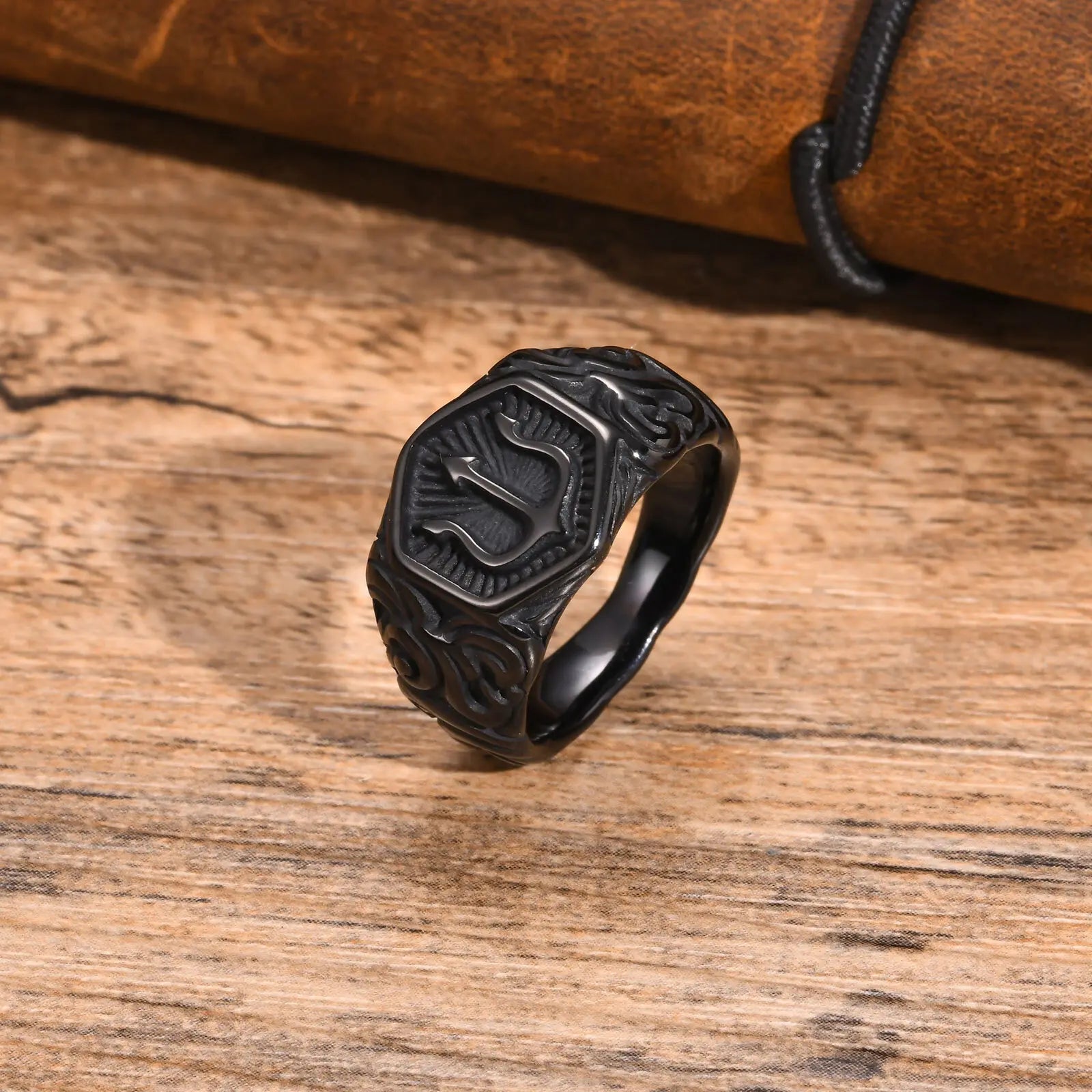 Regal Trident Signet Ring – Black Stainless Steel, Rock Punk Statement for Men - Order Lite