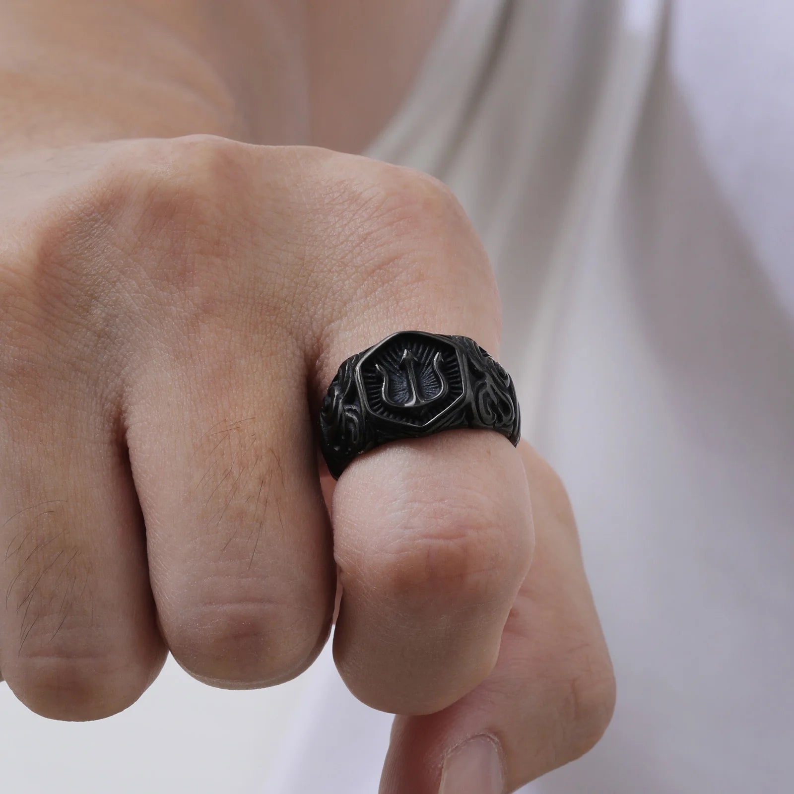 Regal Trident Signet Ring – Black Stainless Steel, Rock Punk Statement for Men - Order Lite