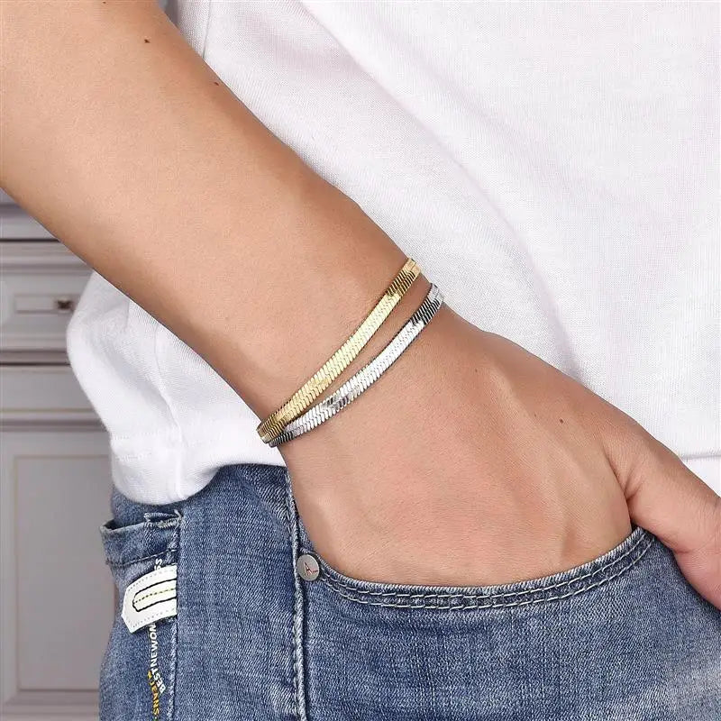 Luxury Waterproof Snake Chain Bracelet – Stainless Steel Flat Design, Unisex Classic - Order Lite