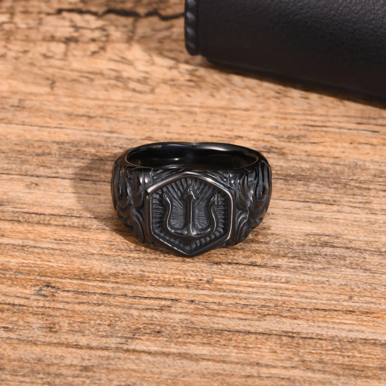 Regal Trident Signet Ring – Black Stainless Steel, Rock Punk Statement for Men - Order Lite